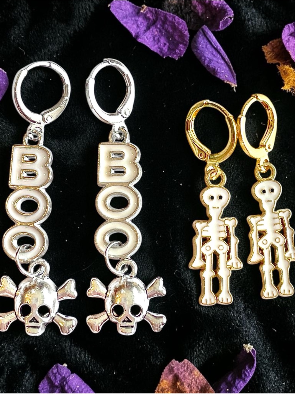 Halloween 'BOO' Skull Dangle Earrings - SET Silver & Gold